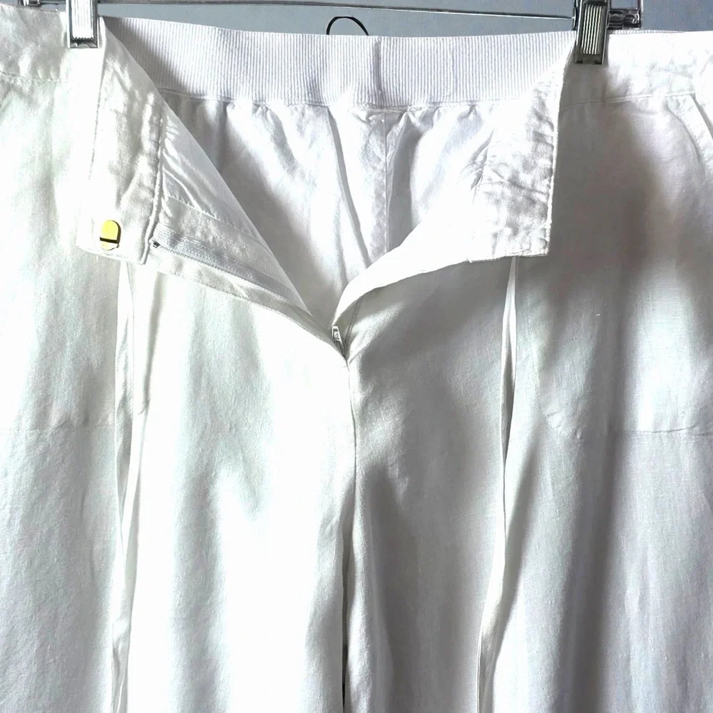White Linen Paperbag Pants L XL Wide Leg Ankle Coastal Minimalist